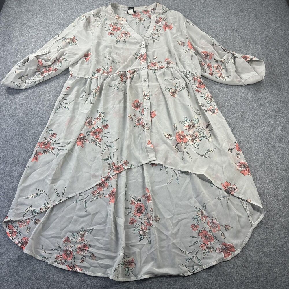 Torrid Shirt Dress Womens 0 Gray Floral Hi Low Sheer Chiffon Button Front